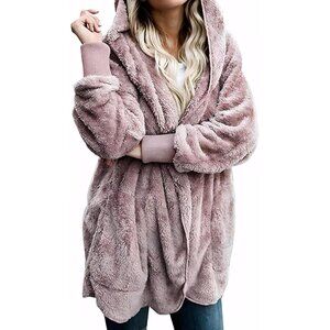 Women Hooded Cardigan Fuzzy Jacket Winter Open Front Fleece Coat Outwear with Po